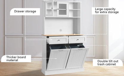KIGOTY Dual Kitchen Trash Cabinet, Double Tilt Out Trash Can Cabinet with Countertop and Drawer, Free-Standing Pet Proof Recycling Cabinet Garbage Can Holder, Wood (White)