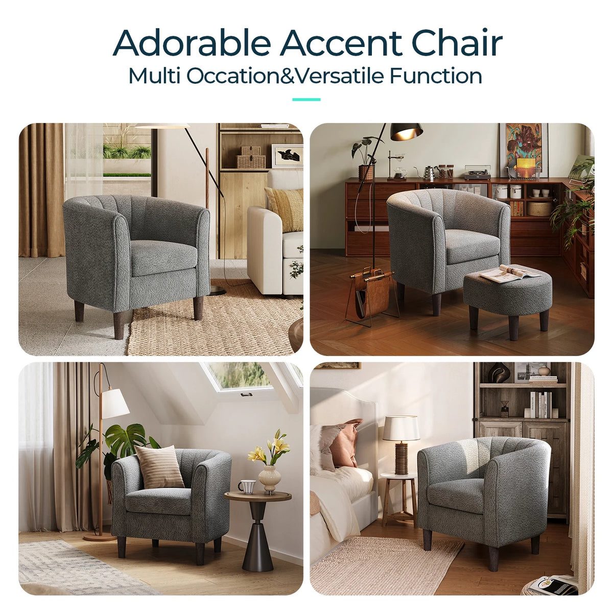 LINSY HOME Chenille Accent Chair with Ottoman for Living Room, Dark Gray
