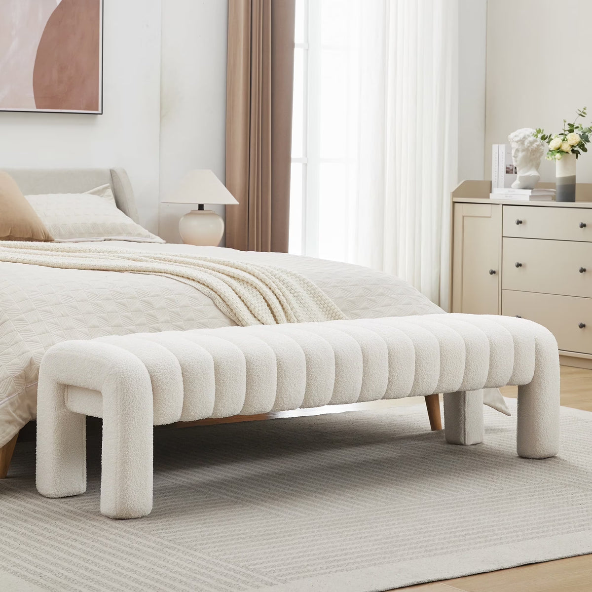 Zesthouse 63�� End of Bed Bench, Linen Tufted Upholstered Ottoman Bench with Padded Seat and Solid Wood Leg, Modern Entryway Bench for Bedroom, Living Room, Beige
