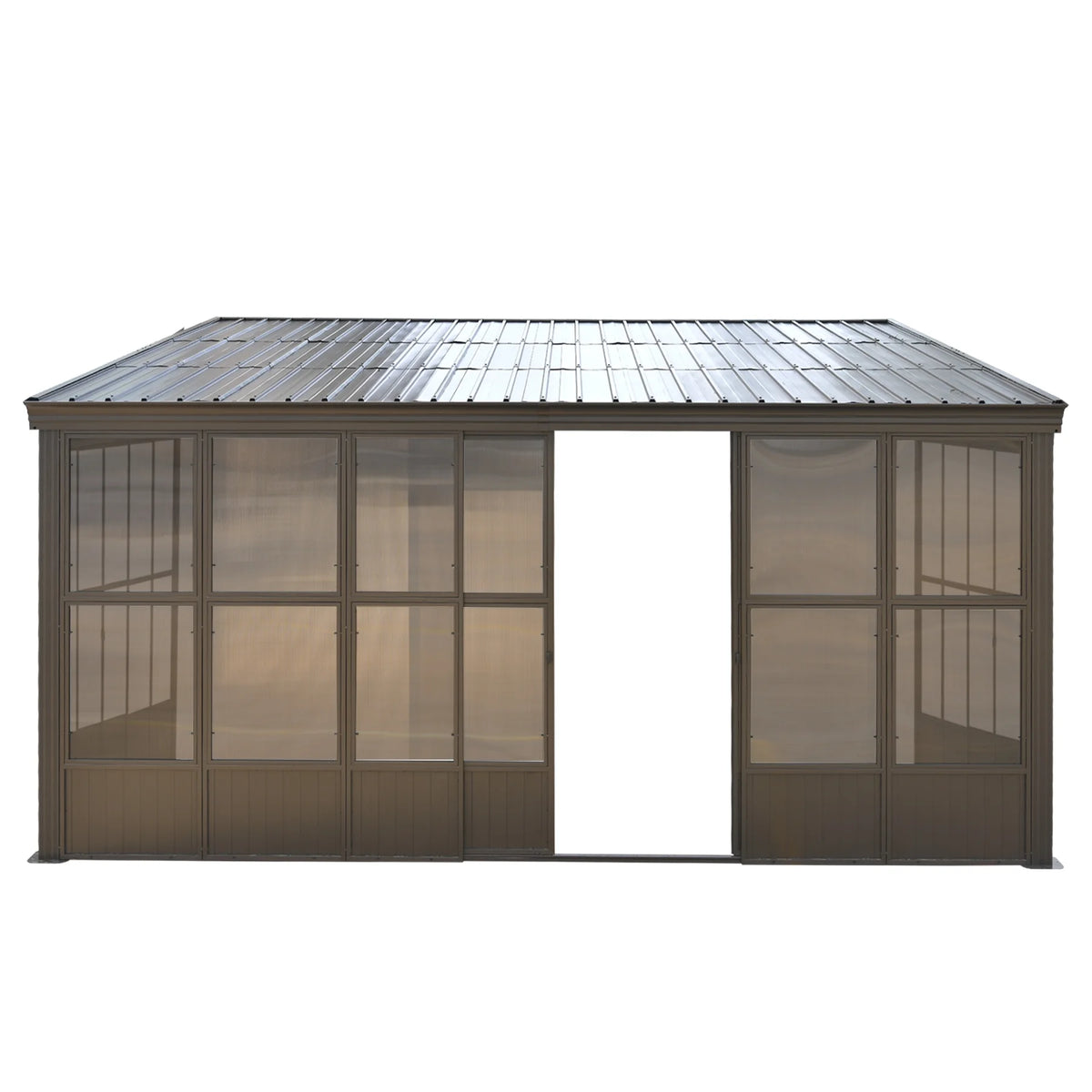 TOTAL Outdoor 10'x12' All-Season Sunroom Gazebo with Steel Roof, PVC Screen, Front & Side Door, Brown