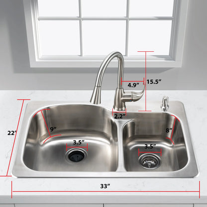 Frigidaire 60/40 Dual Mount 33" Stainless Steel Kitchen Sink Combo W/ Brushed Nickel Faucet & Disposal