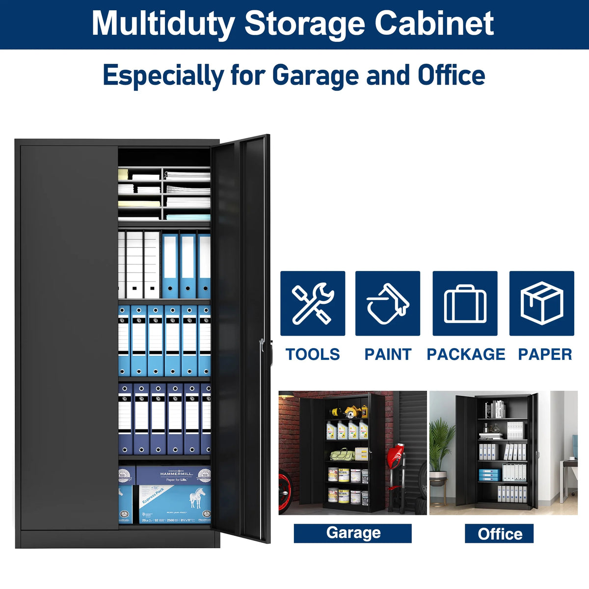 Aobabo 71.41''H Metal Garage Storage Cabinet with Lockable Doors and Hanging Rod,Broom Closet Storage Cabinet with Pegboard and Adjustable Shelves for Home Office School,Required Assembly,Black