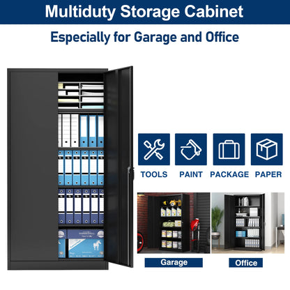 Aobabo 71.41''H Metal Garage Storage Cabinet with Lockable Doors and Hanging Rod,Broom Closet Storage Cabinet with Pegboard and Adjustable Shelves for Home Office School,Required Assembly,Black