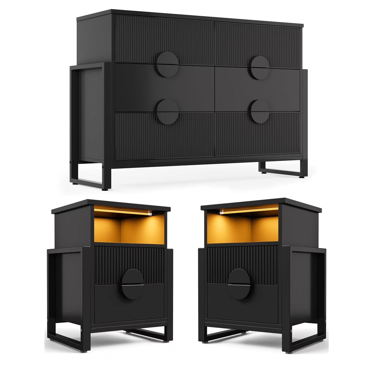LGHM 3 Piece Bedroom Dresser and Nightstand Set, Fluted Wide Chest of Drawers, Bed Side Table End Table with LED Lights for Living Room, Black