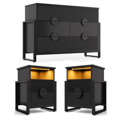 LGHM 3 Piece Bedroom Dresser and Nightstand Set, Fluted Wide Chest of Drawers, Bed Side Table End Table with LED Lights for Living Room, Black