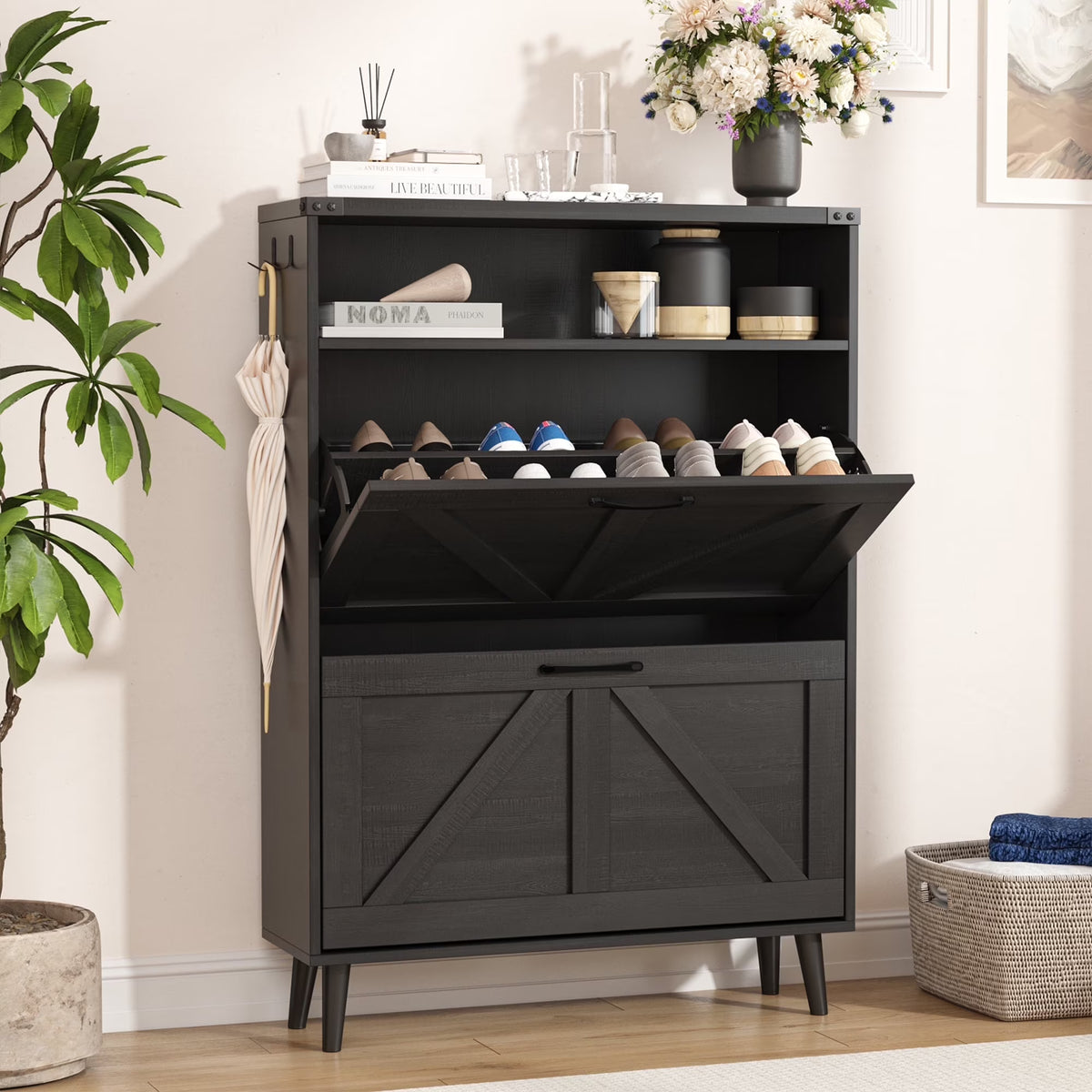 Veanerwood Shoe Cabinet with 2 Flip Drawers Farmhouse Shoe Storage Cabinet Organizer for Entryway, Gray