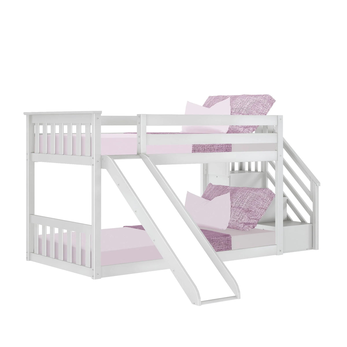 Max & Lily Wood Twin over Twin Bunk Bed for Kids with Wooden Staircase and Slide, White
