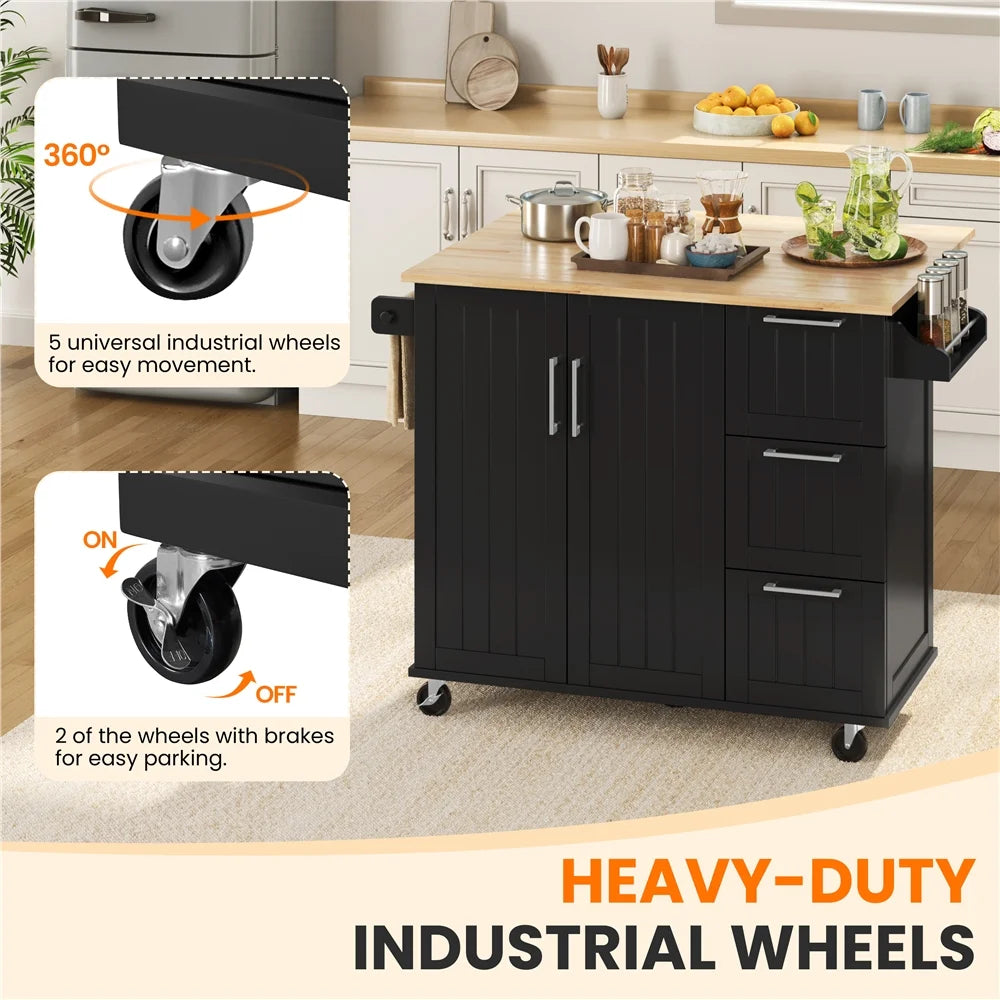 Renwick Rolling Kitchen Cart with Cabinets and Drawers, White
