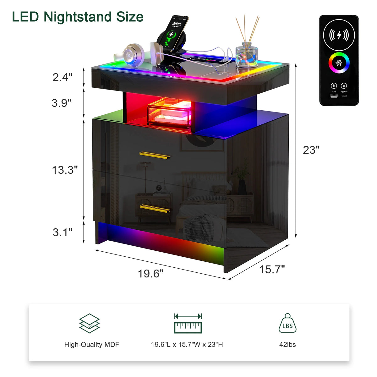 HNEBC RGB LED Nightstand with Wireless Charging Station & USB Ports, High Gloss Smart Night Stand with Drawer and Dynamic Lighting, Modern Bedside Tables for Bedroom, End Table