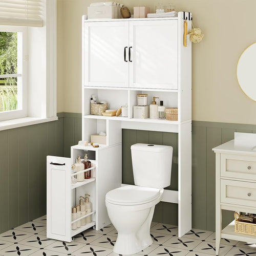 Frhnenha Over The Toilet Storage Cabinet with Pulley, Bathroom Storage Cabinet, with Adjustable Shelf and Open Shelf for Bathroom, Restroom, Laundry, White