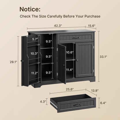 Coffee Bar, Lofka 42" Kitchen Storage Cabinet, Sideboard Buffet Cabinet with 8 Shelves, 1 Drawer