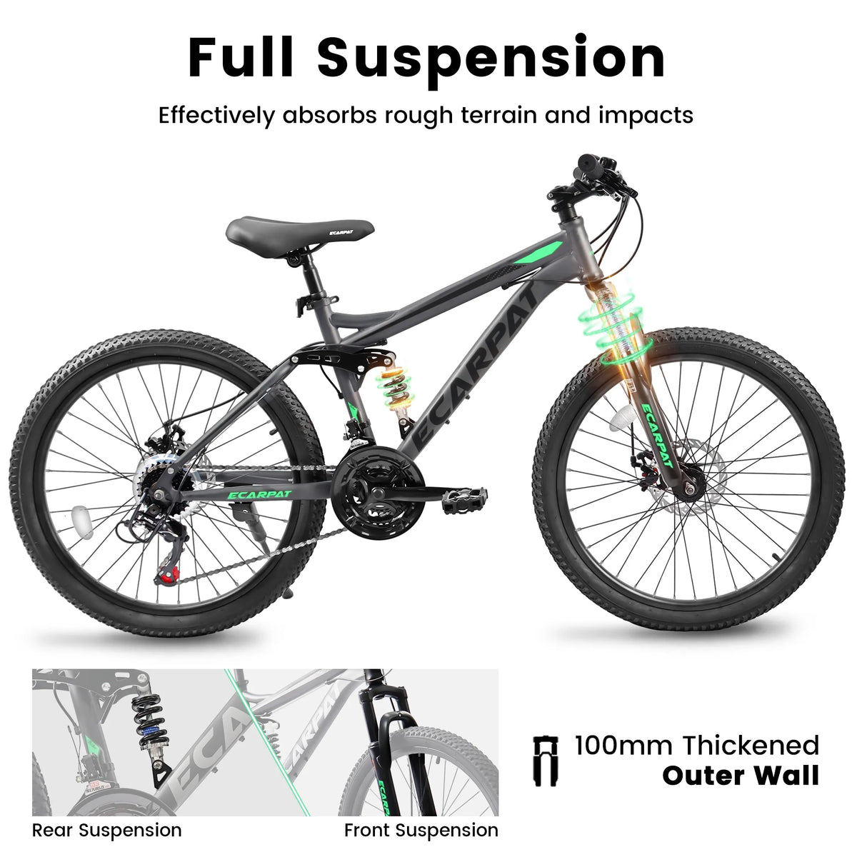 26 Inch-Wheels Mountain Bike, 21-Speed Full Suspension Mens Womens Trail Commuter City Bicycle with Disc Brakes, Grey