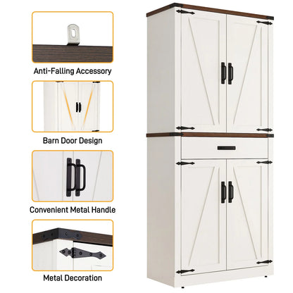 72" Tall Farmhouse Kitchen Pantry Cabinet w/1 Drawer & 4 Roomy Storage Shelves, Versatile Wood Storage Cabinet with 4 Barn Door & Adjustable Shelves &  for Dining Room Bathroom Utility Room