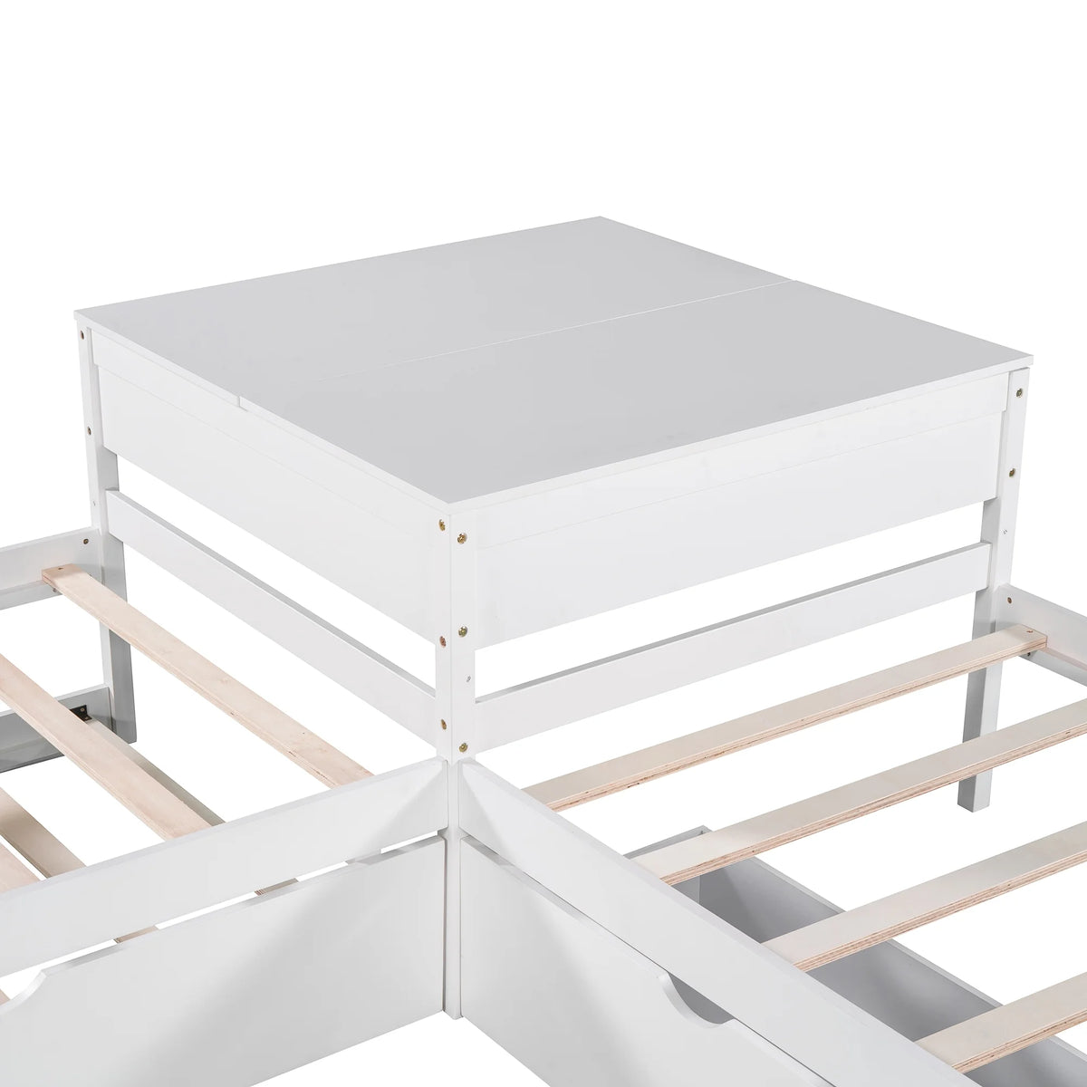 Euroco Wood Twin Size L-Shaped Platform Bed with Square Storage Table for Kids Teens, 2 Platform Beds with Trundle and Drawers for Living Room, 3 Twin Beds, Gray