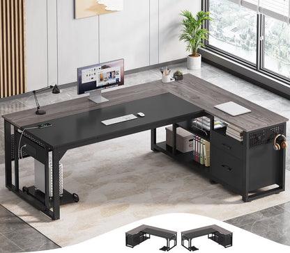 71" Executive Desk with Power Outlets, Modern L Shaped Office Desk with File Drawers and Pegboard, Large Computer Desk, Rustic Brown