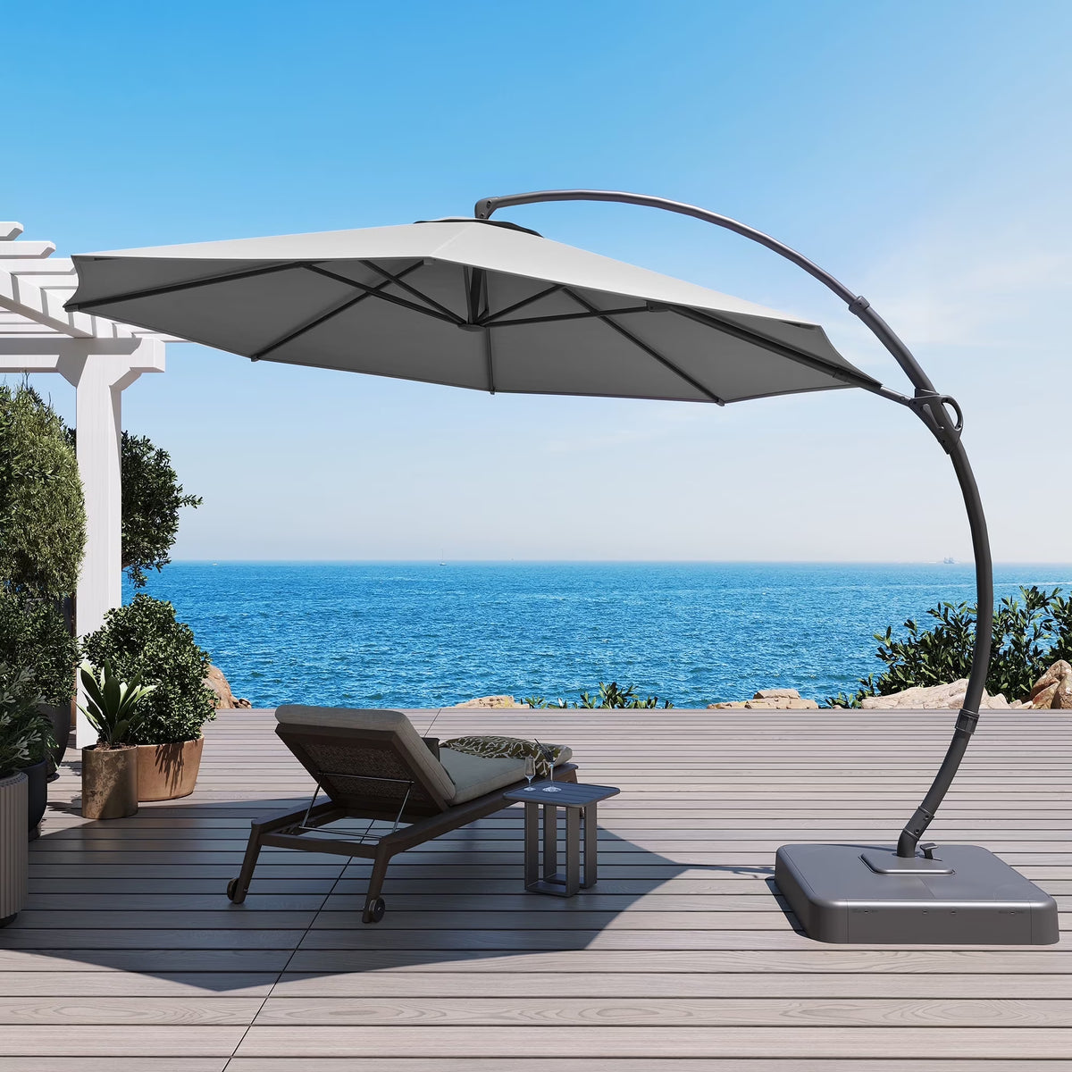 LAUSAINT HOME 11FT Patio Umbrella with Base, Outdoor Deluxe Curvy Cantilever Umbrella for Patio Pool Deck, Champagne