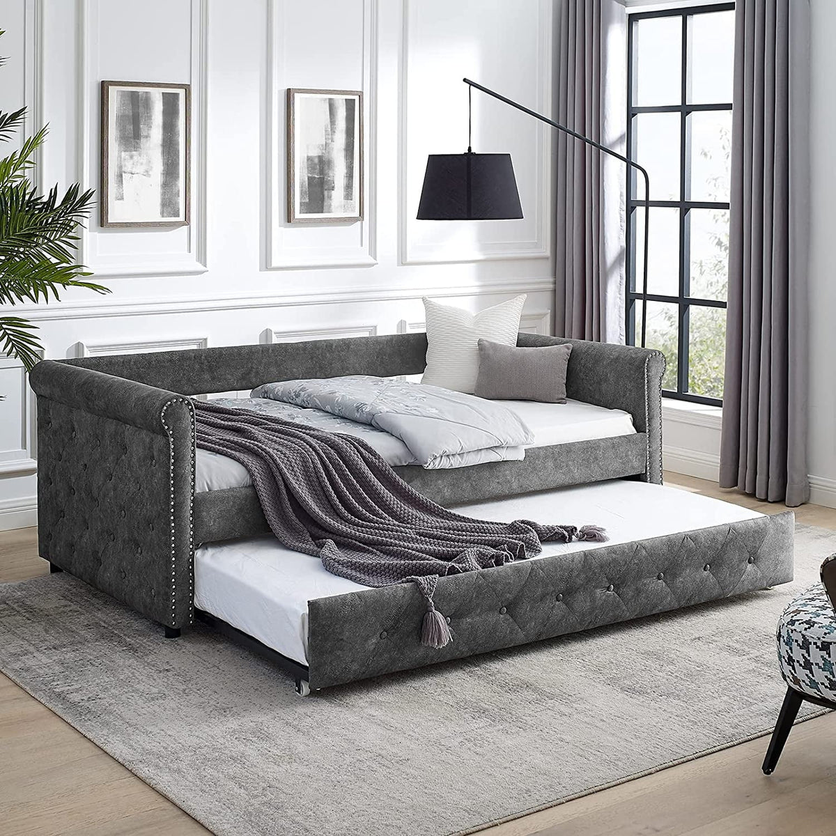 Daybed with Trundle, Muumblus Modren Kids Pull Out Sofa Bed for Bedroom & Living Room, Twin Size, Grey Linen Upholstered