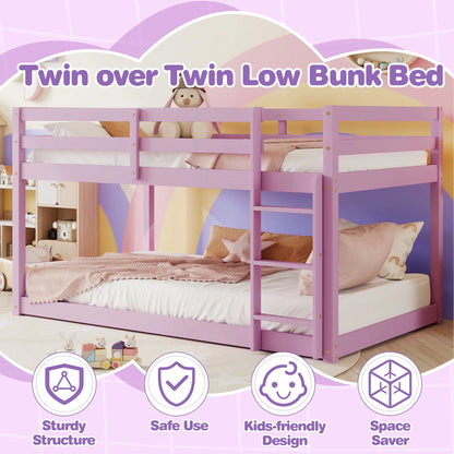 SESSLIFE Bunk Bed Twin Over Twin, Low Floor Bunk Bed with Guard Rails for Dorm, Small Space, No Box Spring Needed(White)