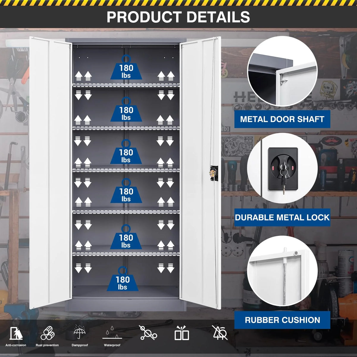 Fesbos Metal Garage Storage Cabinet,71" H Tall White Cabinet with 2 Doors and 5 Adjustbale Shelves,Lockable Tool Cabinet for Garage, Basement, Home Office
