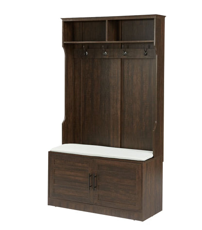 Entryway Hall Tree with Storage Bench, Wooden Coat Rack with Sponge Pad and 4 Dual Hooks, Storage Shelf Organizer with 2-Door Cabinet for Entryway, Bedroom, Easy to Assemble