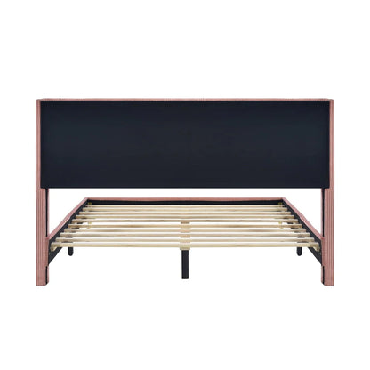 Queen Size Corduroy Platform Bed with Wingback Headboard,Wood Corduroy Platform Bed with Metal Legs and Slats Support,Upholstered Bed Frame for Kids Adult Bedroom,No Box Spring Needed,Pink
