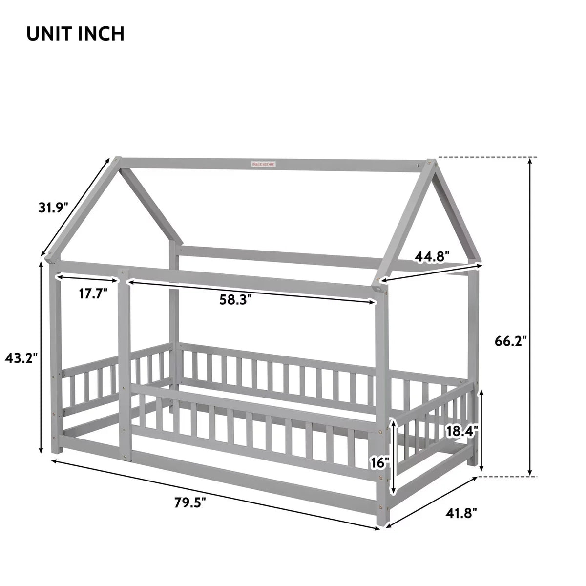 Twin Size House Bed for Boys and Girl, Wooden Canopy Bed Tent Bed, Playhouse Design Bed Frame with Full-lenth Guardrail, Bedroom Furniture, 79.5��L x 44.8��W x 66.2��H, White