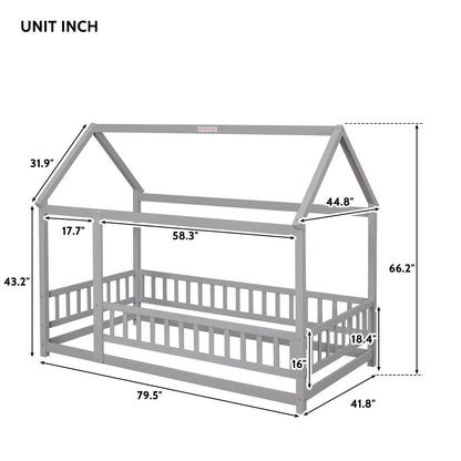 Twin Size House Bed for Boys and Girl, Wooden Canopy Bed Tent Bed, Playhouse Design Bed Frame with Full-lenth Guardrail, Bedroom Furniture, 79.5��L x 44.8��W x 66.2��H, White