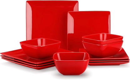 Dinnerware Sets 12 Pieces, Stoneware Square Place Setting, Dinner Plate, Dessert Plate, Bowls Service for 4