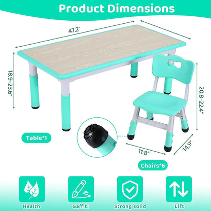 Arlopu Adjustable Kids Table and 6 Chairs Set, Toddler Play Activity Table Set with Graffiti Tabletop, Preschool Kids Furniture Table Set for Reading, Drawing, Eating