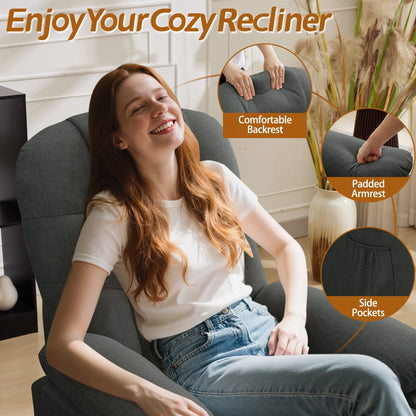 Korser Manual Swivel Rocker Recliner Chair for Living Room,Small Recliner Sofa for Small Spaces,Linen Fabric,Dark Black