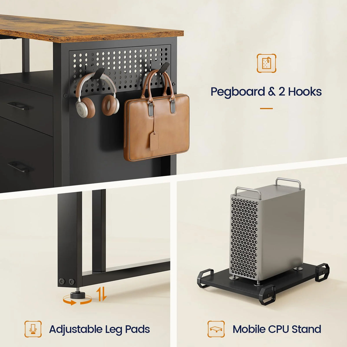 71" Executive Desk with Power Outlets, Modern L Shaped Office Desk with File Drawers and Pegboard, Large Computer Desk, Rustic Brown