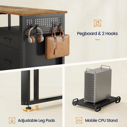 71" Executive Desk with Power Outlets, Modern L Shaped Office Desk with File Drawers and Pegboard, Large Computer Desk, Rustic Brown