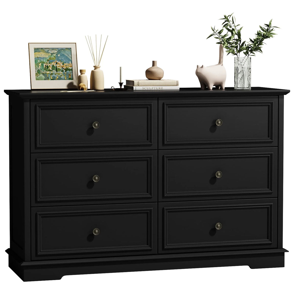 IDEALSOUL Black Dresser,6 Drawer Dresser for bedroom,Retro Wood Storage Cabinet for Living Room