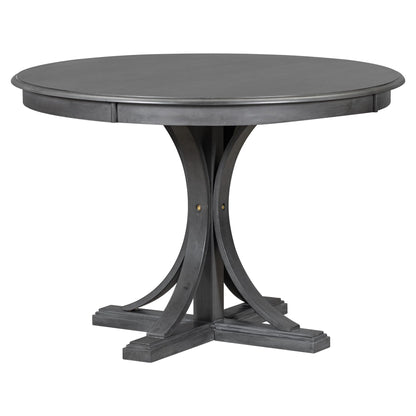 5 Piece Retro Round Dining Table Set with 4 Upholstered Chairs, Wood Dining Table with Curved Trestle Style Legs
