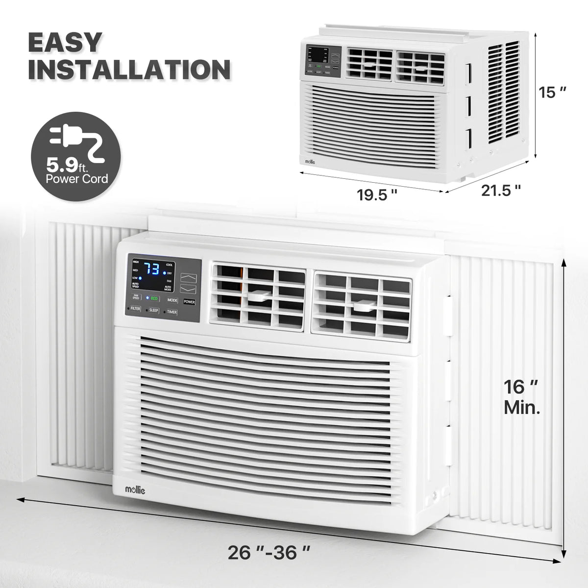 mollie 12,000 BTU 115V Window Air Conditioner, Cools Rooms up to 450 Sq.Ft., Window AC Unit with Remote Control, 24H-Timer and 3 Fan Speeds, White
