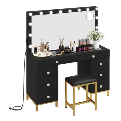 Uforic 55" Vanity Desk with Lighted Mirror & Power Outlet & 8 Drawers, Modern Makeup Vanity Table Set with Storage Stool, White