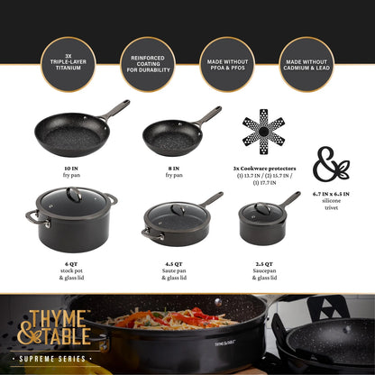 Thyme & Table 12-Piece Non-Stick Supreme Cookware Set, Pots and Pans Set - Cream