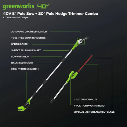 Greenworks 40V 20" Battery Powered Pole Saw with Hedge Trimmer Attachment + 2.0 Ah Battery and Charger