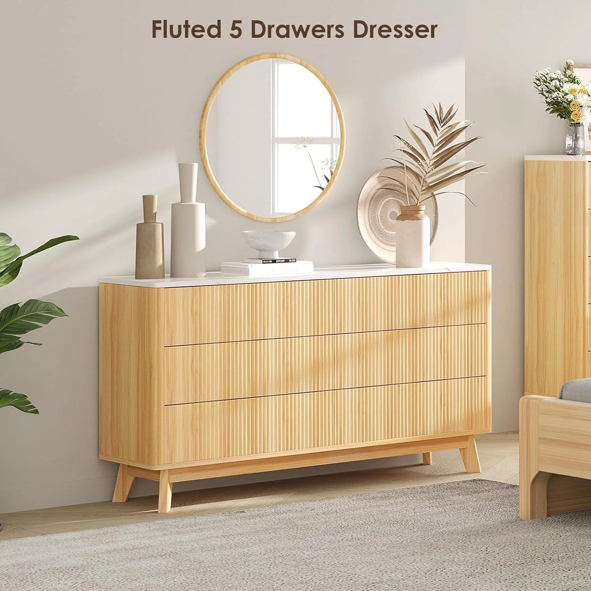 Selooye Fluted 5 Drawers Dresser, 47" Tall Modern Chest of Drawers with Faux Marble Top, Curved Profile Design, Wood Drawer Organizer for Bedroom, Living Room, Hallway, Entryway, Natural Oak