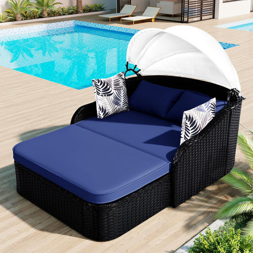 Outdoor Sun Lounger With Adjustable Canopy And Relaxing Pillow - Pe Black Blue Cushion 79.9" Daybed Cozy