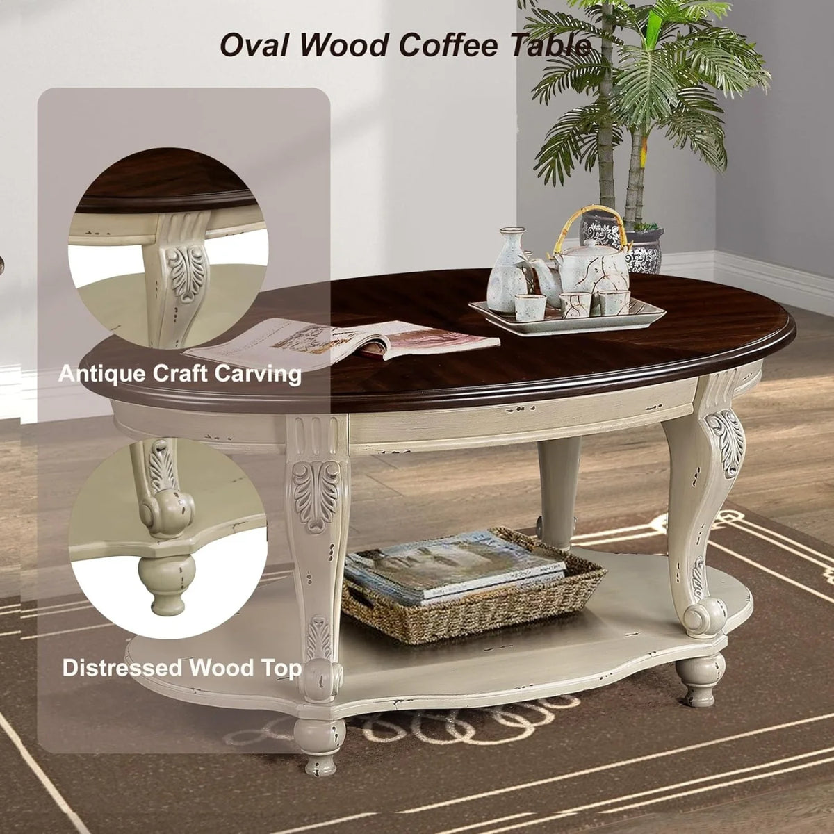 42" Oval Coffee Table with Storage Shelf, 2-Tier Solid Wood Cocktail Tea Table, Traditional Retro Center Table for Living Room, Bearing 400LBS, Cherry
