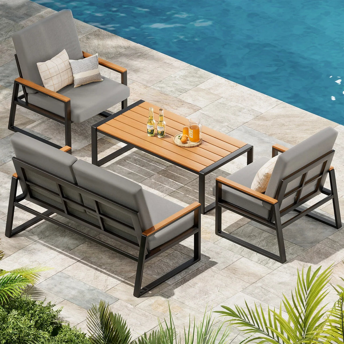 Patio Furniture Set on Sale, Lofka 7-Piece Outdoor Sectional Furniture Set with Glass Coffee Table Garden, Gray