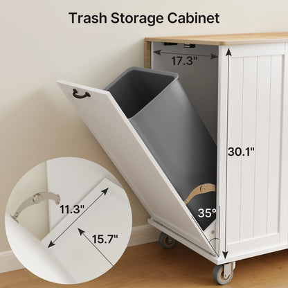 Noelse Rolling Kitchen Island with Drop Leaf Table and Hidden Trash Cabinet, Mobile Kitchen Cart with Storage Drawer, Adjustable Shelves & Rubberwood Countertop on Wheels, White