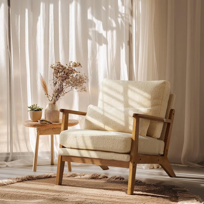 RWTFGV Solid Wood Wide Armrests Accent Chair,Upholstered Mid Century Modern Chair with Pillow,Comfy Reading Chair Farmhouse Arm Chair,Chairs Living Room,Bedroom,Guest Room,Linen Fabric,Beige