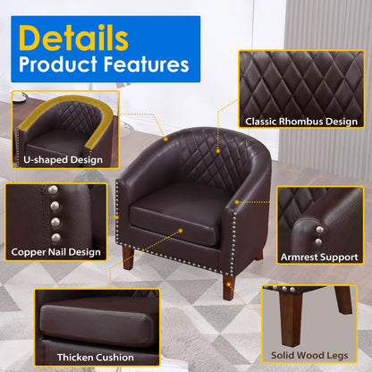 Barrel Accent Chair for living room, modern Leather Club Barrel Chair comfy Reading Armchair for Bedroom, Brown