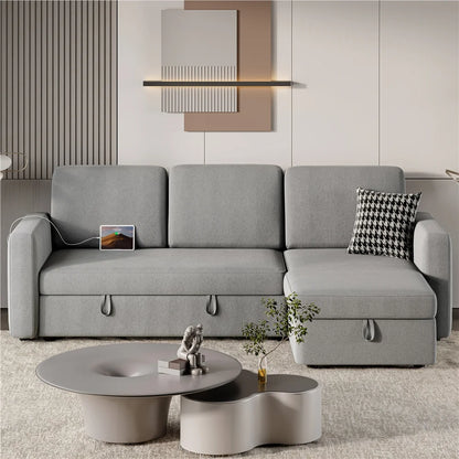 Alden Design Reversible Sectional Sofa with USB & Type-C Ports for Livingroom, Light Gray