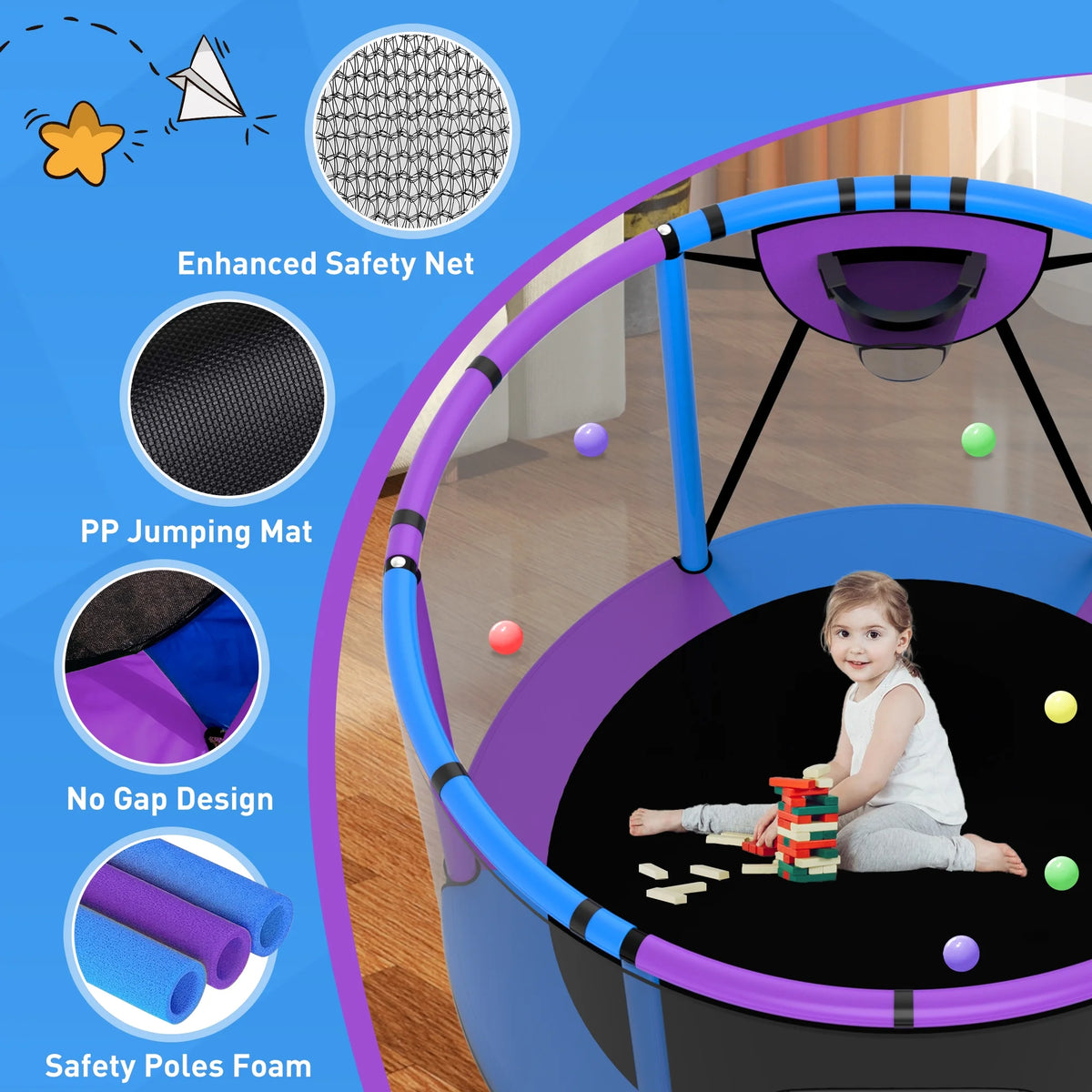 CITYLE Trampoline for Kids 600LBS 60'' 5FT Toddler Trampoline Indoor Outdoor with Basketball Hoop, Swing, Adjustable Bar, Mini Small Trampoline with Enclosure, Gifts for Toddlers, Boys & Girls