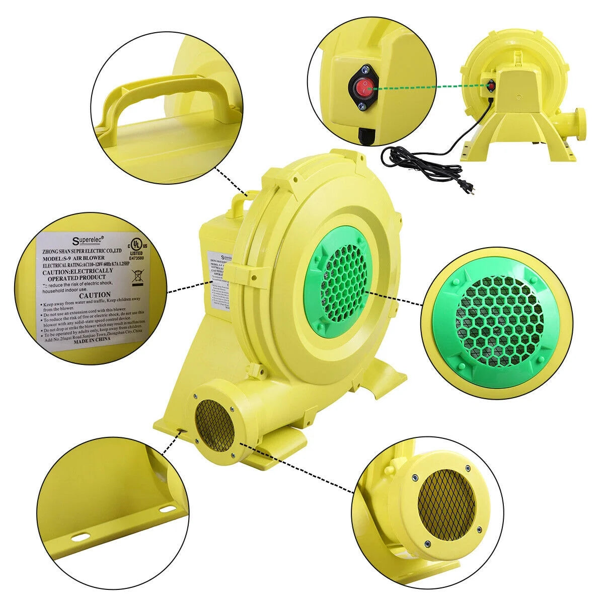 Hommoo Air Blower Pump, Air Mattress Pump, Electric Air Pump,Bounce House Blower for Inflatable Bounce House Bouncy Castle, Yellow
