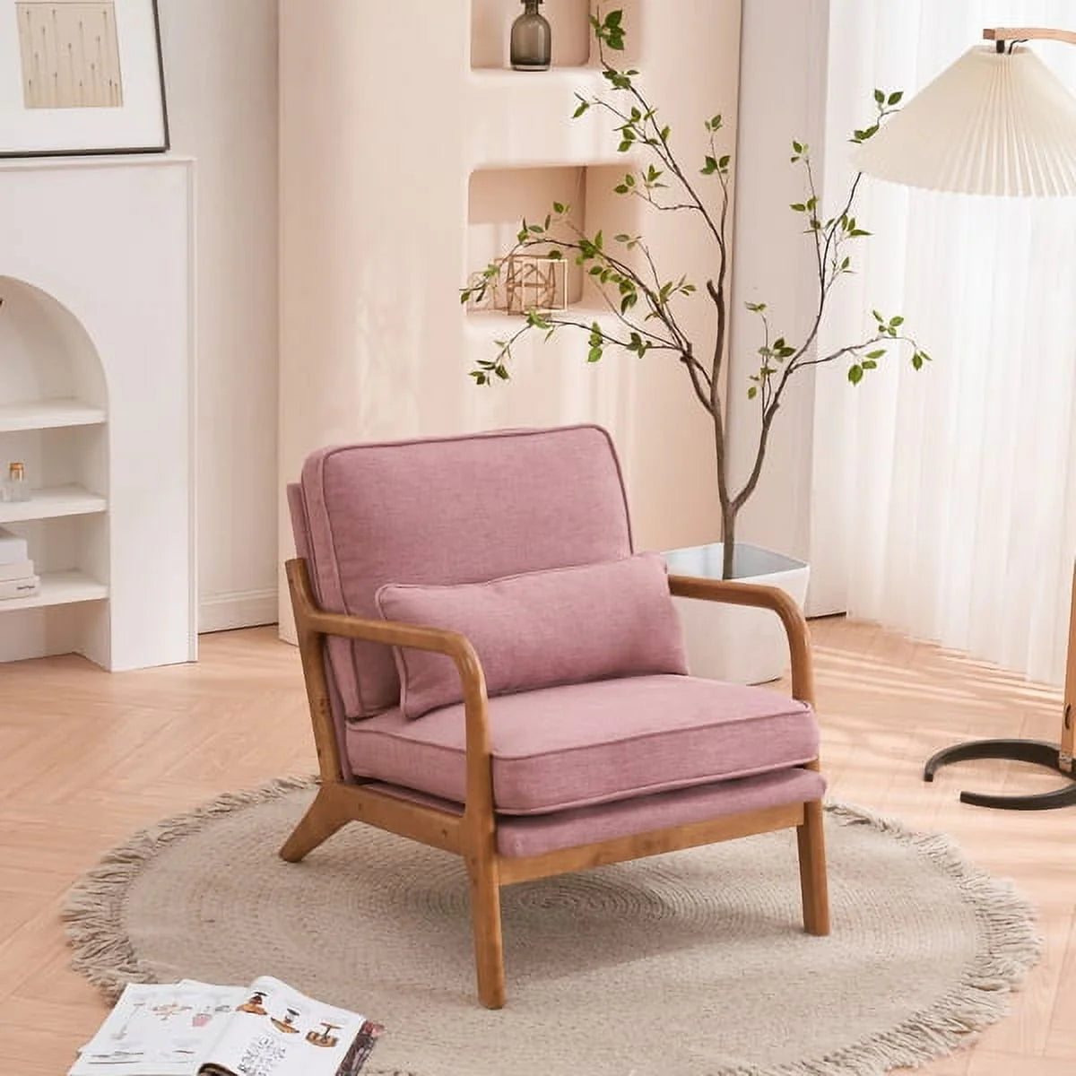 Accent Chairs, Single Linen Lounge Reading Armchair with Solid Wood Frame, Mid Century Modern Easy Assembly Arm Chairs for Living Room-Beige