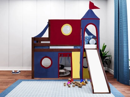 JACKPOT! Castle Low Loft Bed with Slide, Red Yellow and Blue Tent and Tower, Twin, Cherry